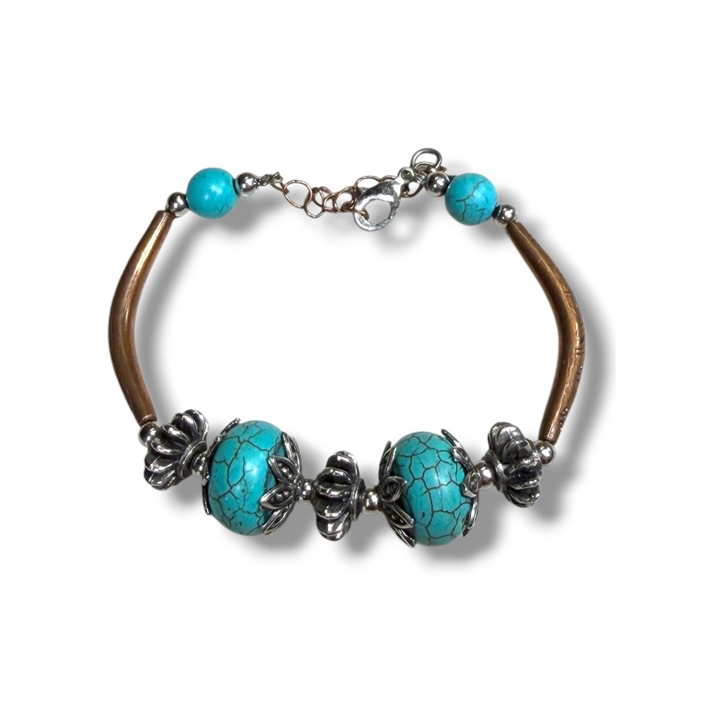 Boho Turquoise Copper Silver Mixed Metal Stamped Bar Adjustable Bracelet Western